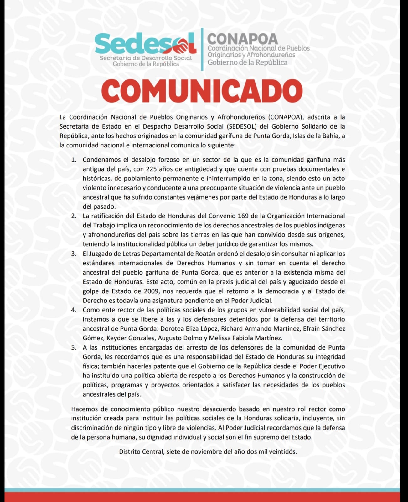 Comunicado: CONAPOA ante los hechos originados en la comunidad garífuna de Punta Gorda, Islas de la Bahía.