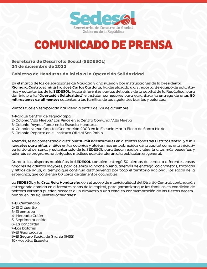 Comunicado de Prensa: Gobierno de Honduras da inicio a la Operación Solidaridad